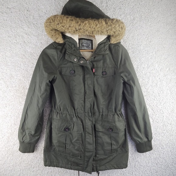 Levi's Jackets & Blazers - Levis Army Green Faux Fur Hooded Sherpa Lined Nylon Jacket Sz Small Utility